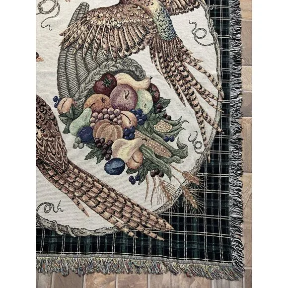 Vtg Tapestry Throw 52x68 Pheasant Cornucopia Harvest Cabin Lodge Fringe Blanket - Picture 8 of 13